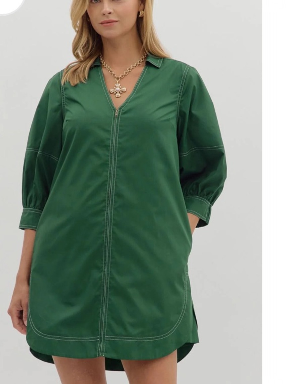 Entro Shirt Dress Green Boho Puff Sleeve Pockets